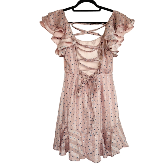 NWT Selfie Leslie Dress, Ruffle Sleeve Tie-back Backless Flare Mini Dress - Pink - Picture 8 of 9